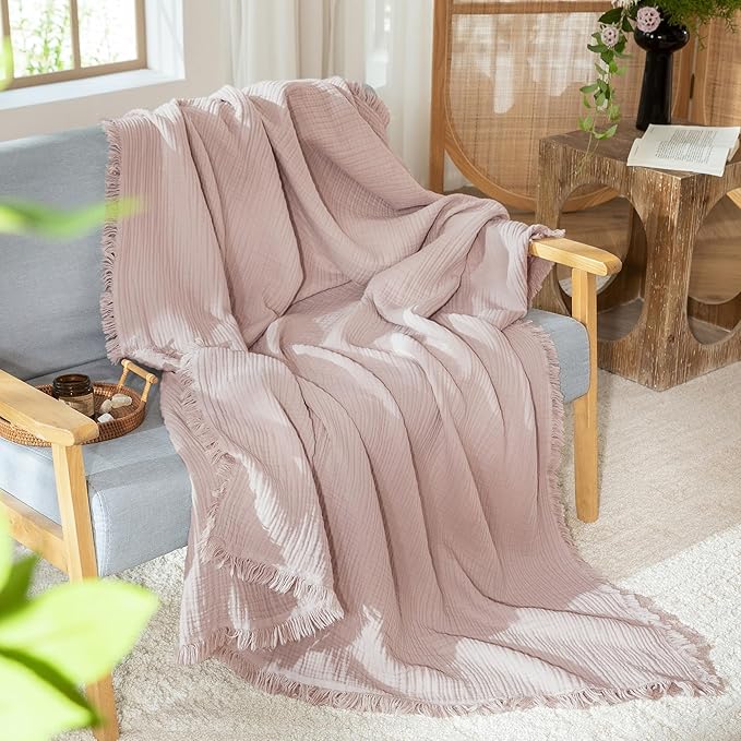 MooMee Muslin Blanket - 100% Cotton 4-Layer Gauze Throw Blanket with Tassels Ultra-Soft Breathable Lightweight Cooling for Bed Couch (Greyish Pink,Oversize Queen 98" x 98")