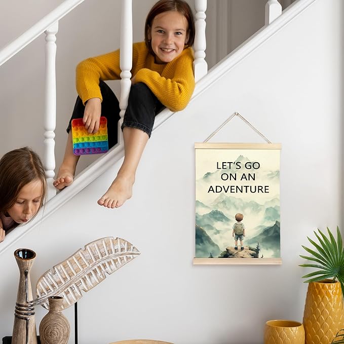 Hiuwevt Adventure Nursery Wall Art, Let's Go on an Adventure Poster Hanger Frame, Mountain Nursery Wall Art Home Decor for Kids Little Boys Toddler Room Bedroom Playroom, 12x16 Inch