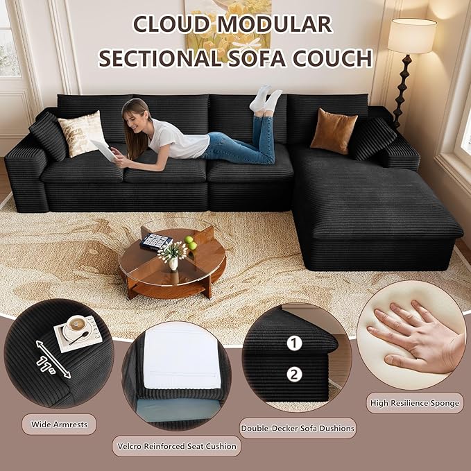 Cloud Sectional Couch,136 Inch Modular Sectional Sofa with Deep Seat, Modern Corduroy Boneless Couches with L-Shape Chaise for Living Room Bedroom, No Assembly Required (Black, Right Facing Chaise)
