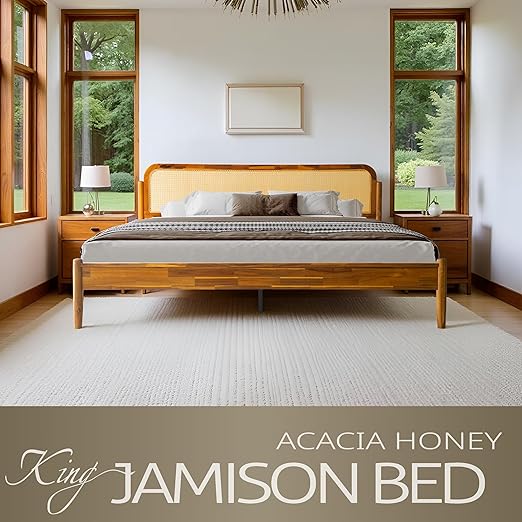 King Size Bed Frame Solid Wood Platform Bed with Headboard & Footboard, 12 Sturdy Slatted Base, Metal Legs, No Box Spring Needed, Noise-Free & Slip-Free, Easy Assembly, Acacia Honey Finish, JMK-38