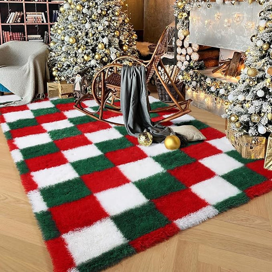 KICMOR Christmas Area Rug for Bedroom Living Room, 4x6 Fluffy Soft Red Green White Checkered Shag Rug Fuzzy Shaggy Bedside Carpet, Indoor Plush Floor Rugs for Kids Boys Girls Room Holiday Home Decor