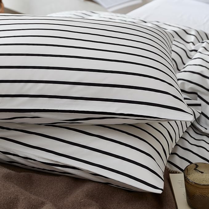JELLYMONI 100% Natural Cotton 2pcs Striped Duvet Cover Sets, White Duvet Cover with Thick Black Stripes Pattern Printed Comforter Cover, with Zipper Closure & Corner Ties(Twin Size)