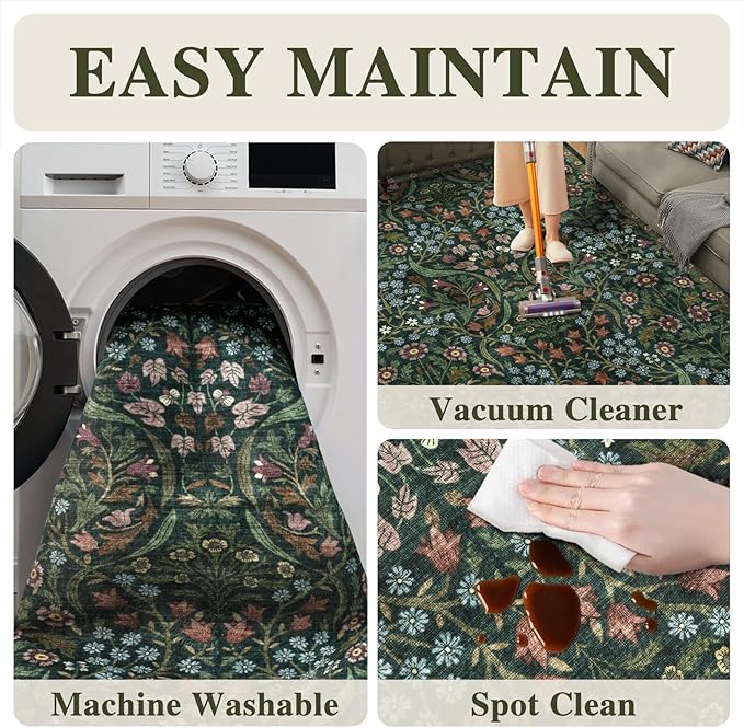 6x9 Washable Area Rug for Living Room, Floral Non-Slip Non-Shedding & Easy Care, Soft Low Pile Botanical Indoor Floor Carpet for Living Room, Bedroom, Farmhouse, Dining Room, Kids Playroom, Green