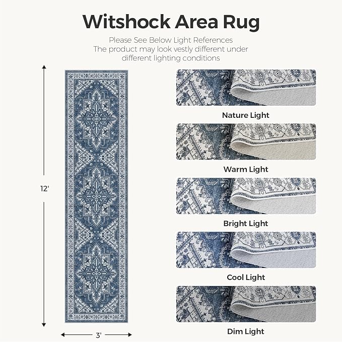 WITSHOCK Living Room Area Rugs 3x12: Washable Rug Boho Soft Non-Slip Low Pile Stain Resistant Foldable Carpet for Bedroom Playroom Dining Room Office Kitchen Farmhouse Home Decor Rug-Blue