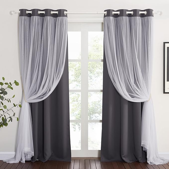 PONY DANCE Blackout Curtains 84 Inches Long - White Sheer Overlay Thermal Insulated Curtains for Living Room, Cortina para Sala (W52 x L84 inch, Grey, One Pair Grommet Drapes, with Tie Backs)