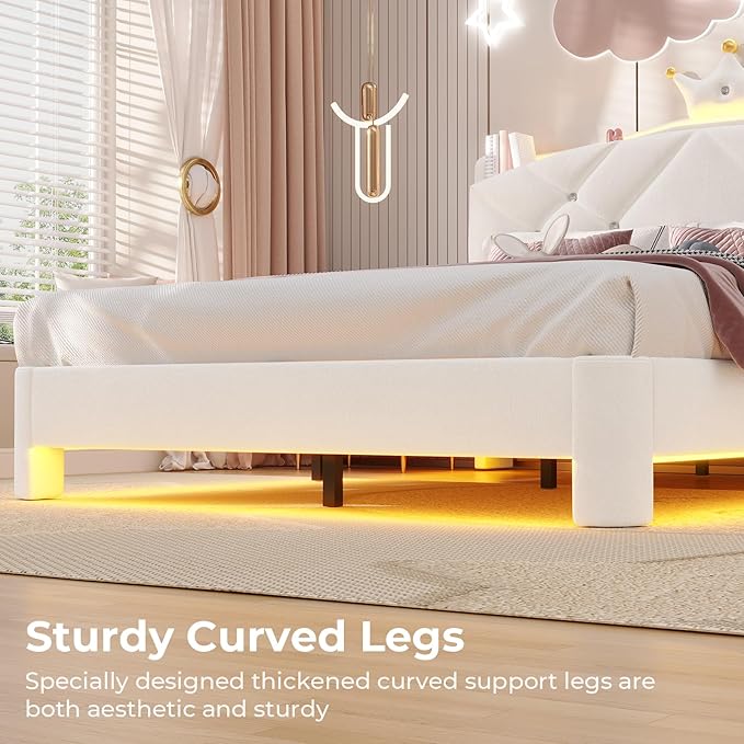 MSmask Full Bed Frame with LED Lights, Princess Upholstered Bed with Headboard with Charging Station & Crystal Button & Crown, Velvet Platform Bed for Girls, Solid Wood Slats, Curved Legs, White
