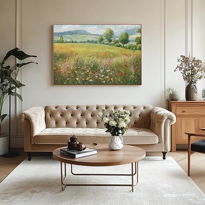 OIQArtOIQ Vintage Landscape Framed Wall Art Spring Countryside Colorful Wildflower Field Canvas Art Prints Farmhouse Cottagecore Pictures Wall Decor Rustic Meadow Paintings Artwork For Kitchen Bedroom
