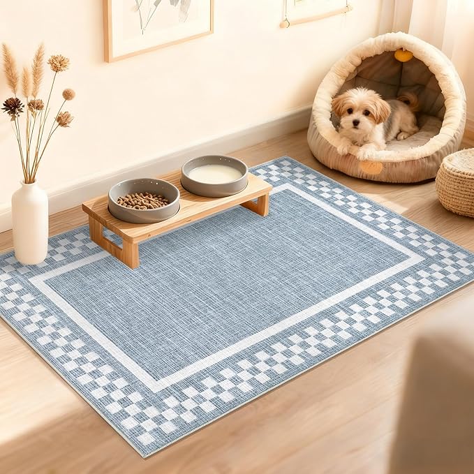Small Area Rug 2x3 Modern Checkered Entry Rug Solid Color Scalloped Kitchen Rugs Washable Bedroom Doormat Non Slip Stain Resistant Bordered Throw Carpet for Living Room Nursery Laundry, Blue