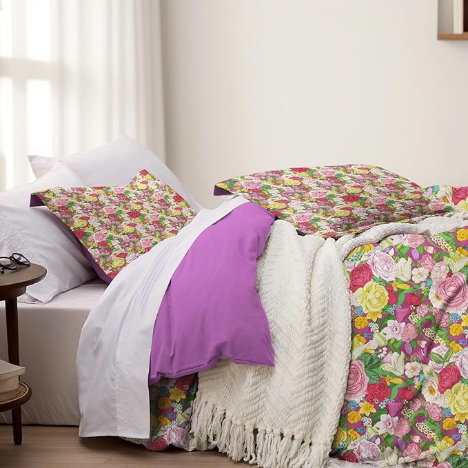 MAGRACE Casual Queen Size Duvet Cover Set - 3 Pieces Floral Vine Pleated Duvet Cover King, All Season Lightweight, Extra Softness Bedding Cover Shams