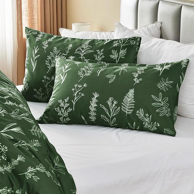 MUXHOMO Duvet Cover Queen Size, Reversible Floral Dark Green Duvet Cover Set with Zipper Closure, 3 Pieces Botanical Patterns Soft Microfiber Bedding Set with 4 Ties (90"x90", 2 Pillow Cases)