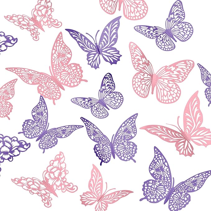 3D Butterfly Wall Decor 3 Sizes 4 Styles Butterfly Party Decorations Cake Decorations Removable Stickers Wall Decor Room Mural Metallic Kids (Purple+Pink, 48Pcs)