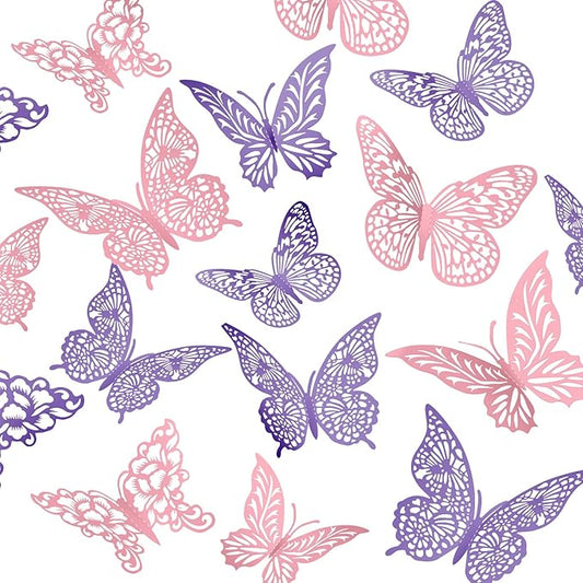 3D Butterfly Wall Decor 3 Sizes 4 Styles Butterfly Party Decorations Cake Decorations Removable Stickers Wall Decor Room Mural Metallic Kids (Purple+Pink, 48Pcs)