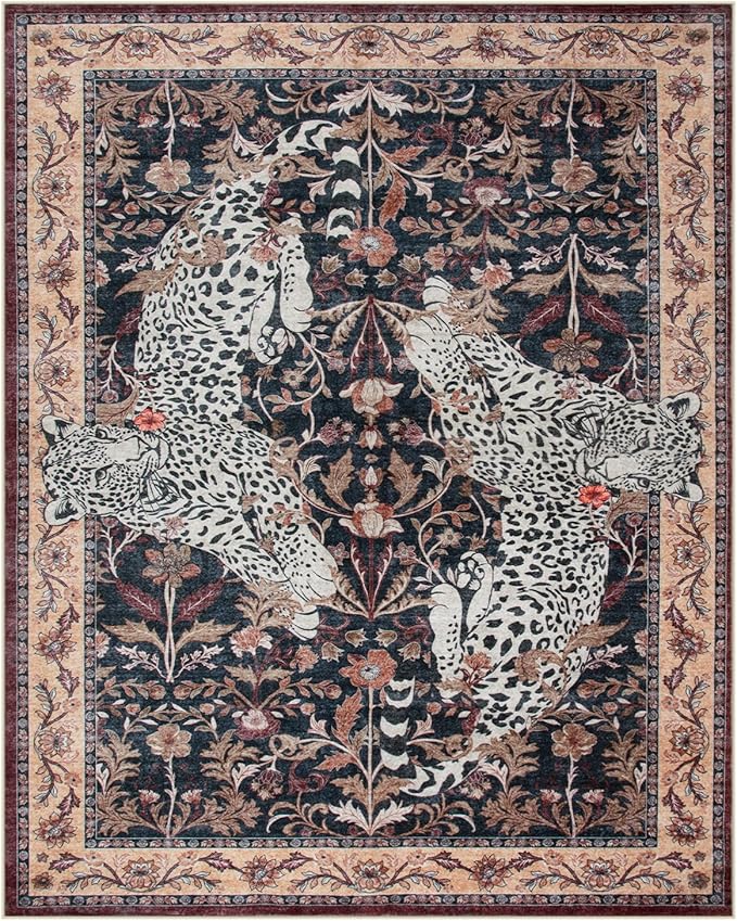 Moynesa Leopard Washable Area Rugs 8x10, Large Boho Rugs for Living Room, Vintage Non Slip Dining Room Rugs for Under Table, Ultra Thin Soft Floor Carpet for Office Bedroom, Puce Red