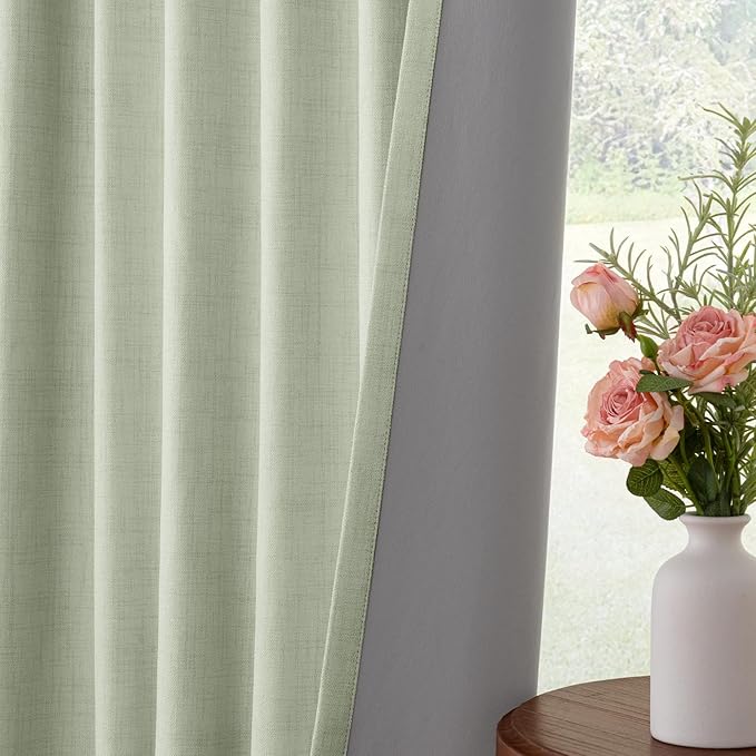 INOVADAY 100% Blackout Curtains for Bedroom, Black Out Curtains 84 Inch Long, Clip Rings Linen Blackout Drapes, Thermal Insulated Room Darkening for Living Room, 2 Panels - Sage,W50xL84