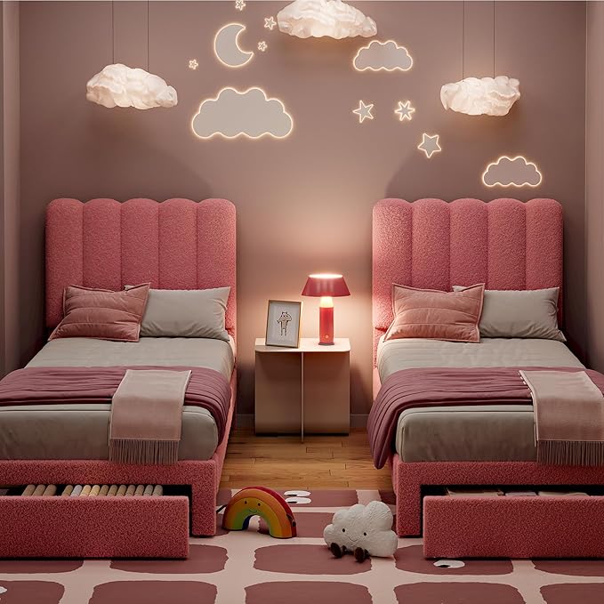IDEALHOUSE Twin Bed Frame with Storage Drawer and Headboard, Boucle Upholstered Twin Platform Bed Frame for Girls, Strong Wooden Slats Support, Noise-Free, Easy Assembly (Boucle Pink)