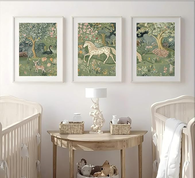 Vintage Woodland Animal Nursery Wall Art Magic Horse Bear Deer Poster Green Fantasy Forest Botanical Pictures Decor Fairy Tale Nature Painting Canvas Print Artwork for Kids Room Living Room, Unframed