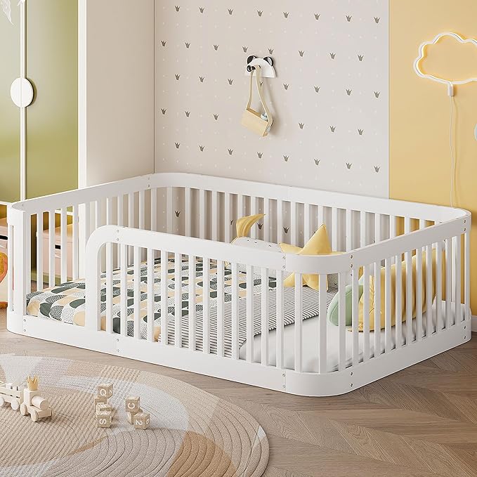 Full Size Floor Bed with High Rails, Montessori beds for Kids Solid Wood Bed Frame, White