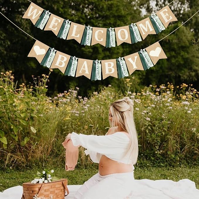 Welcome Baby Heart Burlap Pennant Banner Flag Felt Welcome Baby Sign and Heart Pattern with Sage Green Ribbon for Gender Reveal Neutral Baby Shower Welcome Baby Hello Baby Party Decorations Supplies