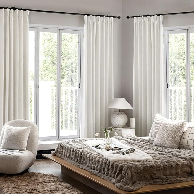 IVAPUPU Pinch Pleated Linen Blackout Curtains for Bedroom, Natural Full Black Out Curtains 84 Inches Long for Living Room Darkening Thermal Insulated Neutral Pleat Drapes with 16 Hooks, 2 Panels