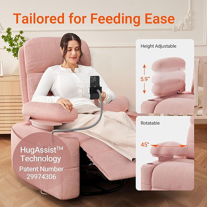 MAMAZING Oversized Electric Nursery Rocking Chair with Adjustable Armrests, Power Recliner Glider Nursing Chair for Breastfeeding, USB & Type-C Ports, Phone Holder, Oeko-TEX & FSC Certified(Pink)
