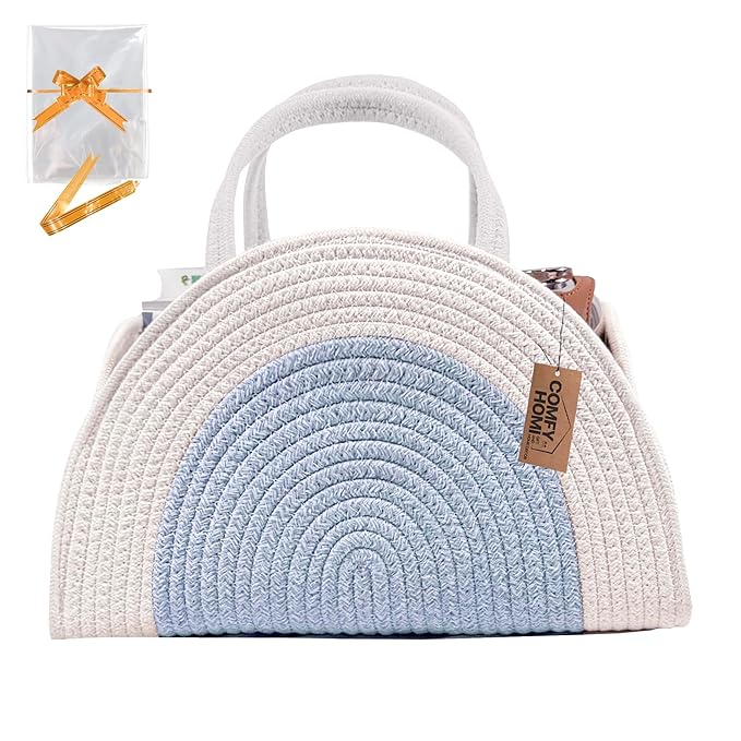 COMFY-HOMI Diaper Caddy Organizer with Gift Bags and Ribbons - Sturdy Cotton Rope Basket for Baby Girl & Boy Newborn Essentials, Large Shower Gift Bag, Nursery Storage Caddy with Handles (white bule)