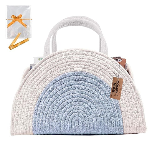 COMFY-HOMI Diaper Caddy Organizer with Gift Bags and Ribbons - Sturdy Cotton Rope Basket for Baby Girl & Boy Newborn Essentials, Large Shower Gift Bag, Nursery Storage Caddy with Handles (white bule)