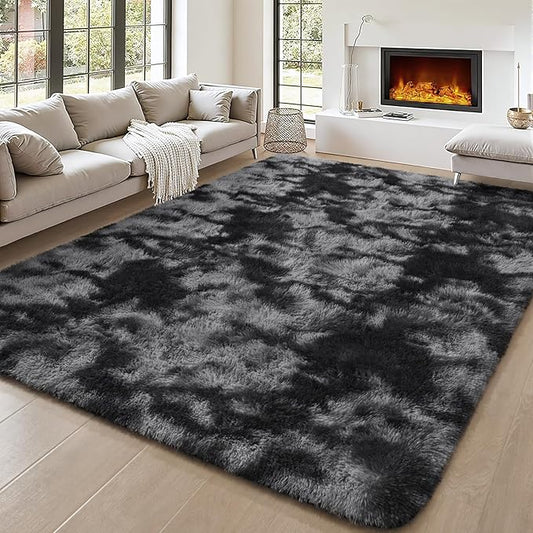BENRON Fluffy Tie-dye Black Rugs for Living Room Bedroom 4x6, Soft Plush Fuzzy Shaggy Rugs for Kids Girls Boys Room Decor, Washable Indoor Floor Carpets