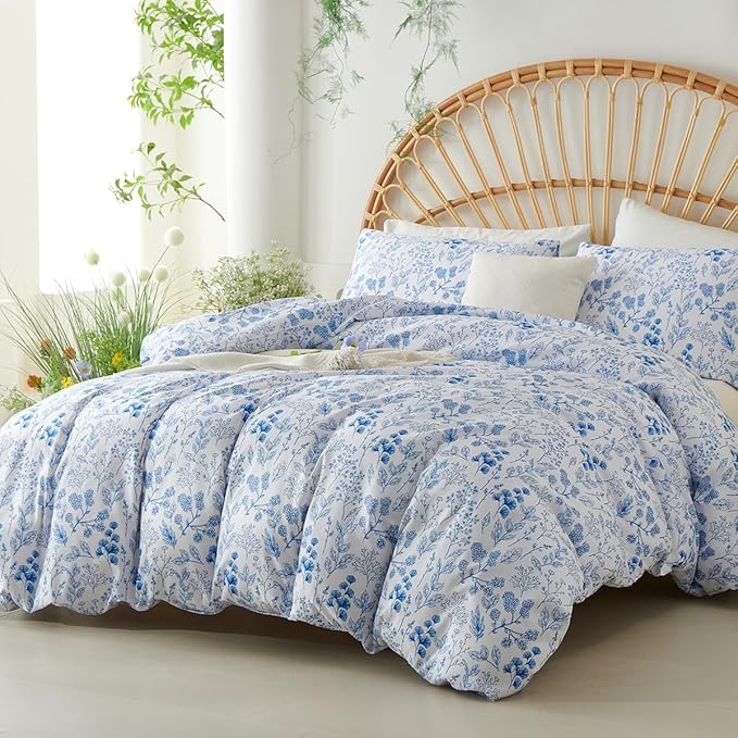 Blue Floral Duvet Cover Full 3Pcs Botanical Flower Bedding Set Soft Microfiber Cottagecore Flowers Duvet Cover Set with 2 Pillowcases(No Comforter)