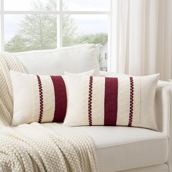 Fancy Homi Set of 2 Burgundy Boho Long Lumbar Decorative Throw Pillow Cover 12x24 Inch for Couch Bed Sofa, Aesthetic Modern Farmhouse Christmas Room Decor, Soft Cotton Cute Wind Red Cushion Case