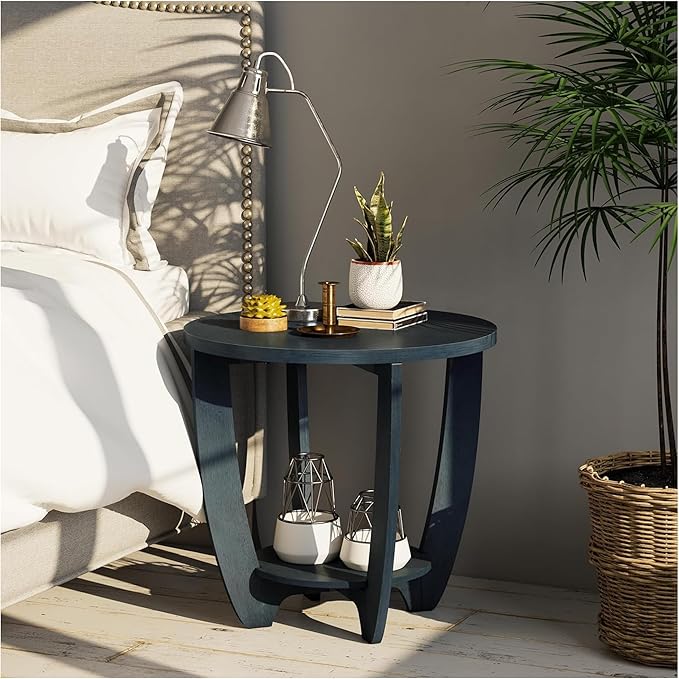 COZAYH Rustic Farmhouse End Table with Storage Shelf, French Country Modern Round Accent Side Table for Small Spaces, Vintage Blue Finish