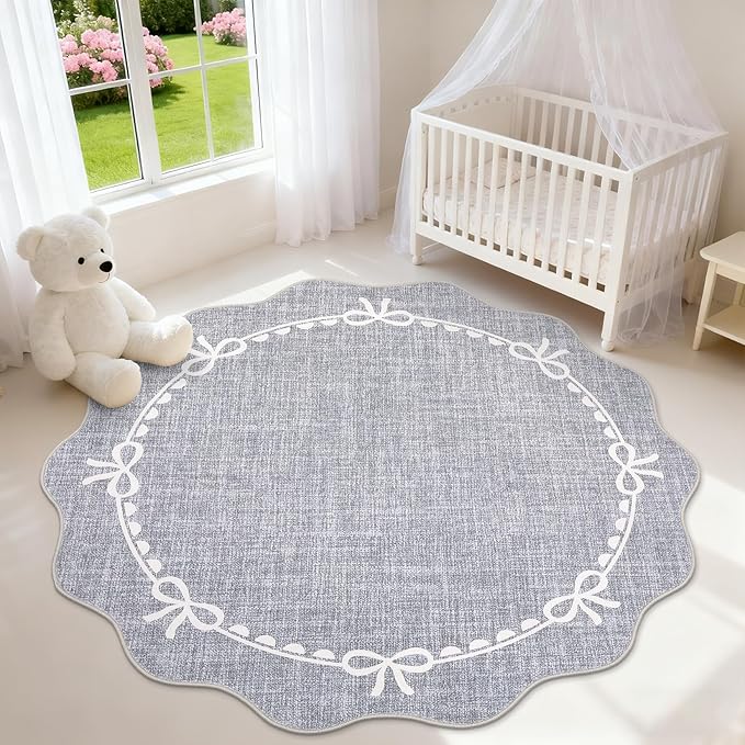 GarveeHome Scalloped Bow Rug for Living Room, 4ft Round Rugs Washable Solid Grey Rug for Dorm Soft Low Pile Non Slip Scalloped Rugs for Nursery Bedroom Decor Hallway Kids Room Playroom