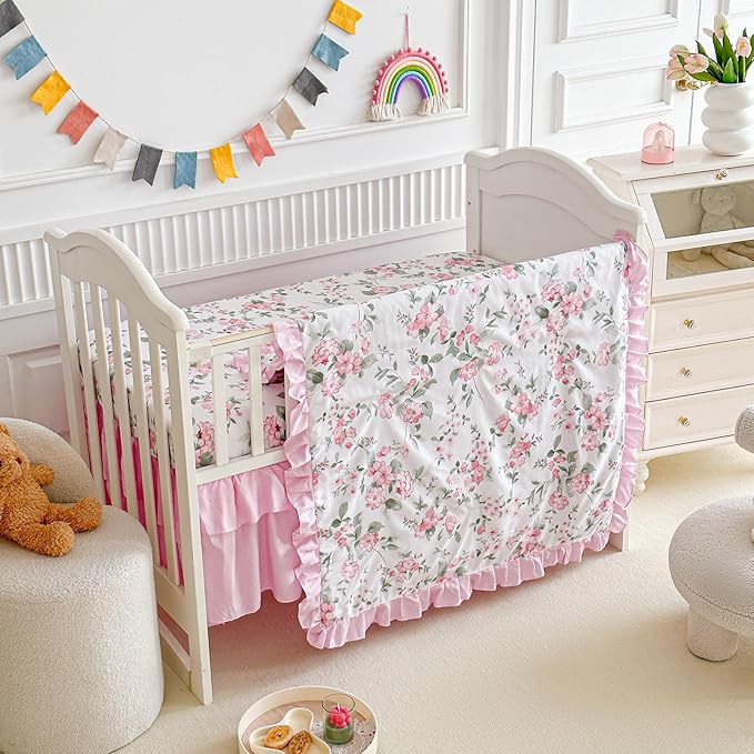 3 Pieces Pink Rose Flowers Mini Crib Bedding Set Baby Ruffled Quilted Comforter with Fitted Sheet and Bed Skirt - Cute Ruffled Shabby Chic Baby Girls Bedding Soft Blanket Floral Design
