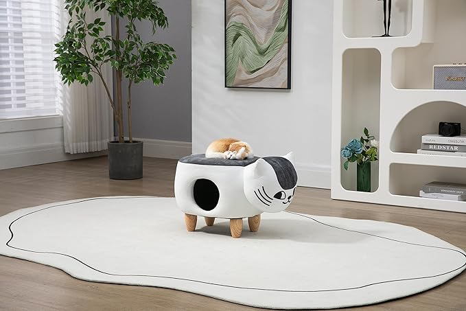 Home 2 Office Cat Condo Pet House Furniture, Kitten-Shaped Fabric Storage Ottoman for Cats, Small Dogs and Pets, Multi-Color