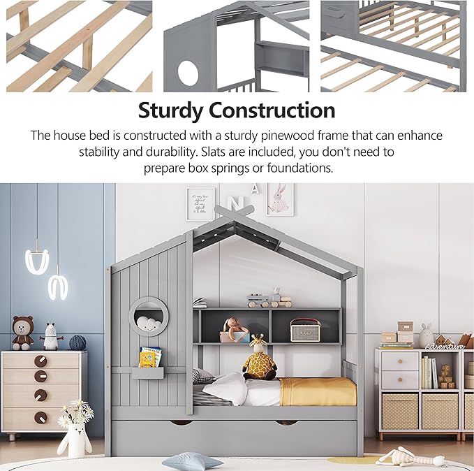 Harper & Bright Designs Kids Full Size House Bed with Trundle & Storage Shelf, Wood Full Size Platform Bed Frame with Roof, House Bed for Boys, Girls, Gray