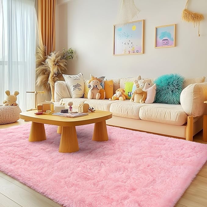 Pink Rug 8x10 - Non Slip Fluffy Rugs for Living Room - Cute Floor Rug for Girls Room Decor- Large Fuzzy Shag Carpet - Shaggy Rugs for Living Room Washable 8x10 Area Rugs Clearance