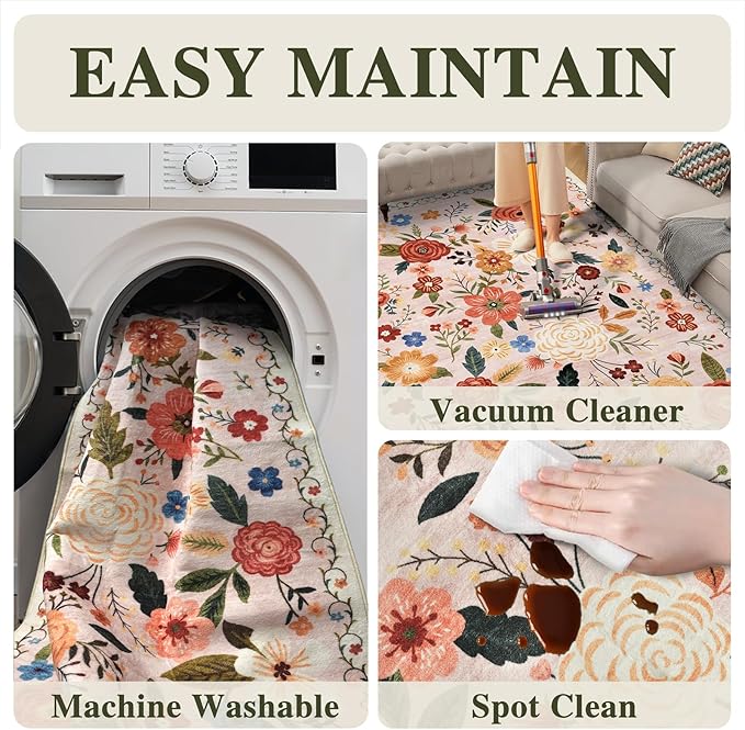 8x10 Washable Area Rug for Living Room, Floral Non-Slip Non-Shedding & Easy Care, Large Soft Low Pile Indoor Floor Carpet for Living Room, Bedroom, Farmhouse, Dining Room, Kids Playroom, Beige