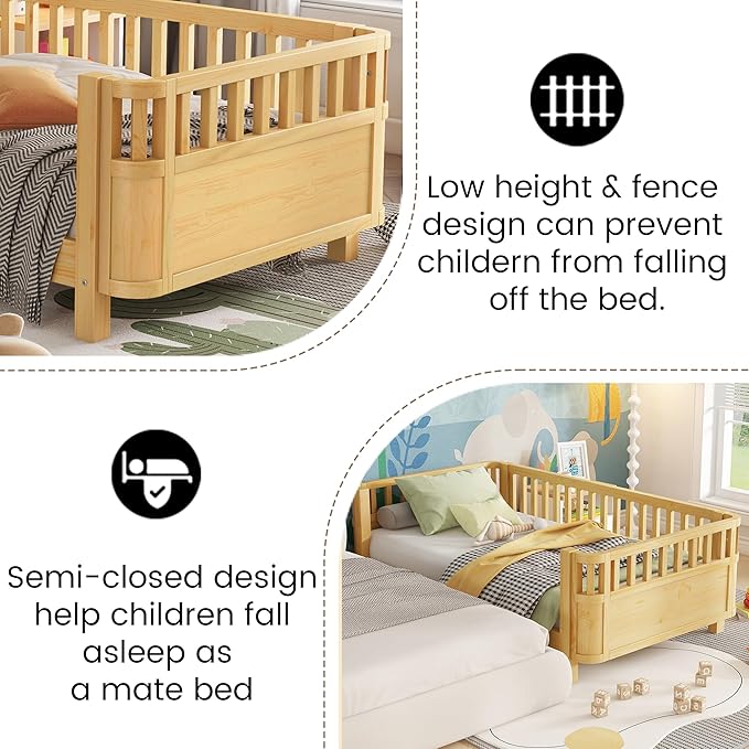 Twin Bed Frames Kids with Rails, Wood Montessori Twin Bed with Slats Support, Modern Low to Ground with Removable Bed Rails for Girls Boys Bedroom Living Room, Natural