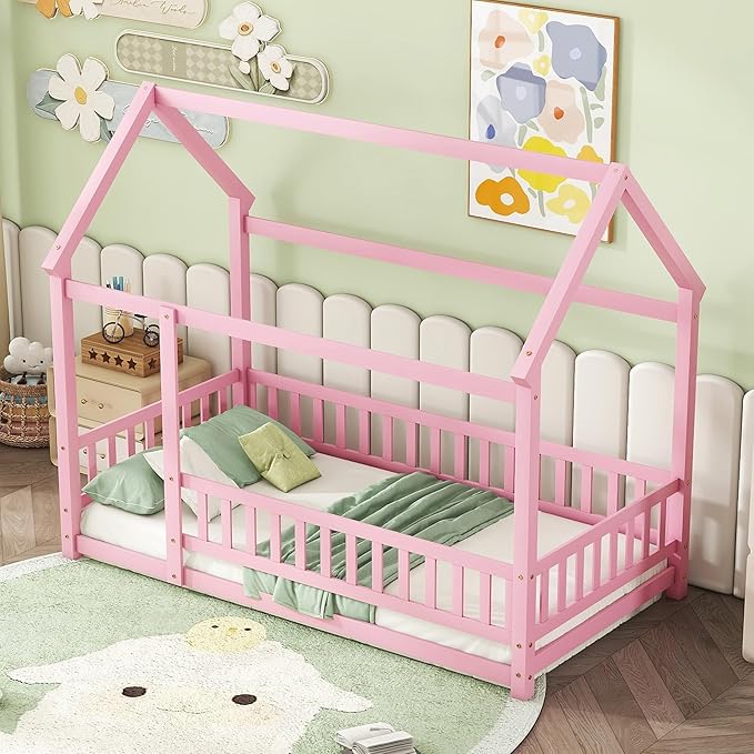 Twin Size House Bed Frame for Kids,Wooden Montessori Floor Bed with Fence and Roof,Floor Bed Frame Twin Size for Girls,Boys(Twin,Pink)
