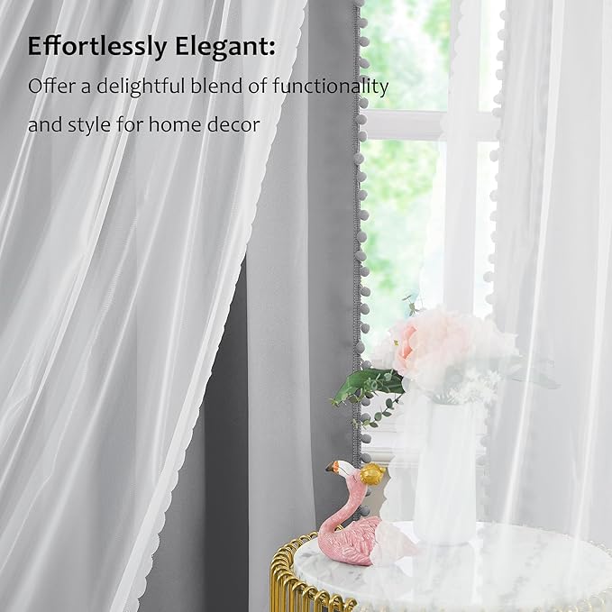 Treatmentex Pom-Pom Blackout Curtains with Sheer Overlay for Living Room Bedroom Kid's Nursery Room, Grey Mix and Match Double Layer Room Darkening Window Curtain Panels with Tie Backs, 2 pcs, 52x84