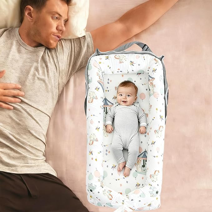 Baby Lounger for Newborn for Tummy Time,Baby Lounger Play Gym mat with Portable Bag,Awake-Time Newborn Babies Essentials Gifts 0-24 Months Home Travel(Carousel)