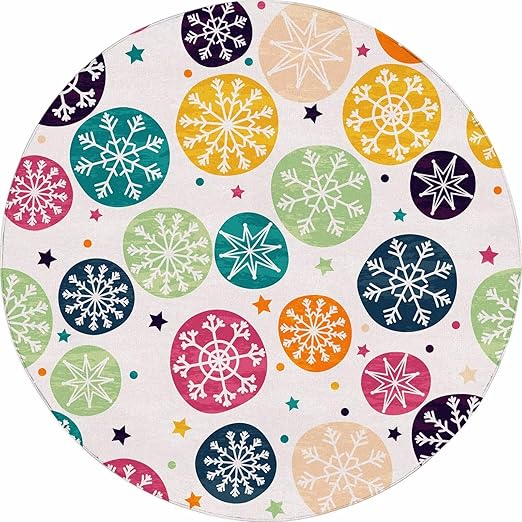 White Snowflakes Round Rug Winter Stars Circle Rugs for Bedroom Dorm Living Room White Bohemian Christmas Area Rug Floor Mat Pad Doormat Carpet, 6'X6'(180x180cm)