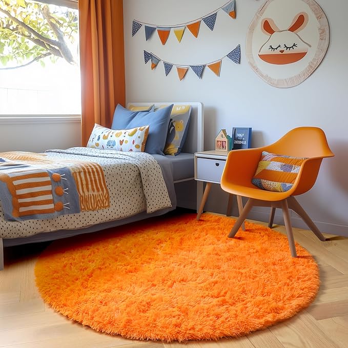 Amdrebio Orange Circle Round Rug 6Ft for Living Room Bedroom, Fluffy Furry Shag Area Rugs for Kids Room Decor Aesthetic, Cute Fuzzy Plush Shaggy Carpet for Baby Nursery Dorm Playroom, Teen Girls Boys