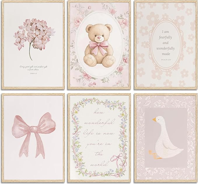 6Pcs Pink Christian Nursery Wall Art Bible Verse Pictures Painting Picture Wall Decor Jesus Aesthetic Scripture Coquette Bow Vintage Floral Poster Print Artwork for Girl Nursery Room Home Decoration