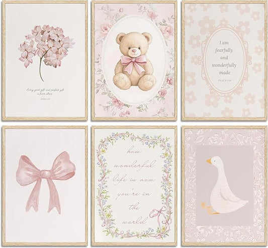 6Pcs Pink Christian Nursery Wall Art Bible Verse Pictures Painting Picture Wall Decor Jesus Aesthetic Scripture Coquette Bow Vintage Floral Poster Print Artwork for Girl Nursery Room Home Decoration