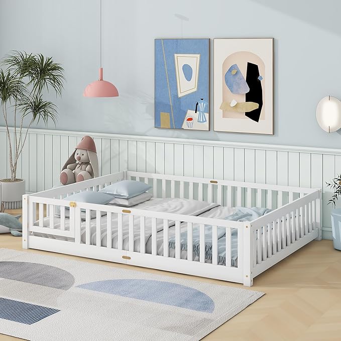Queen Size Floor Bed for Kids, Wood Montessori Floor Beds with Fence Railings, Door & Slats Support, Queen Playhouse Bed Frame for Boys Girls, No Box Spring Needed, White