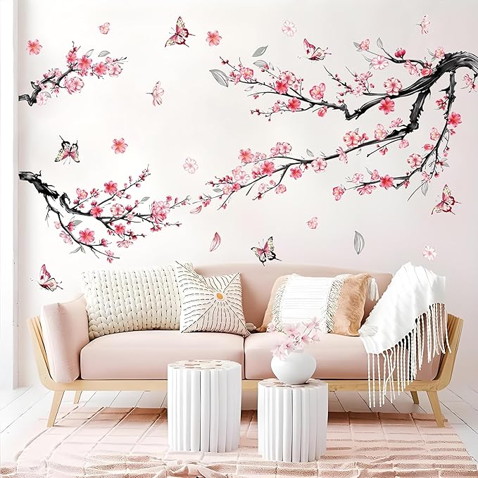Cherry Blossom Wall Decals, Watercolor Pink Flower Tree Peel and Stick Wall Stickers for Living Room, Bedroom, Sofa, TV Background Home Decor, Nursery, Kids Room Wall Art (Large)