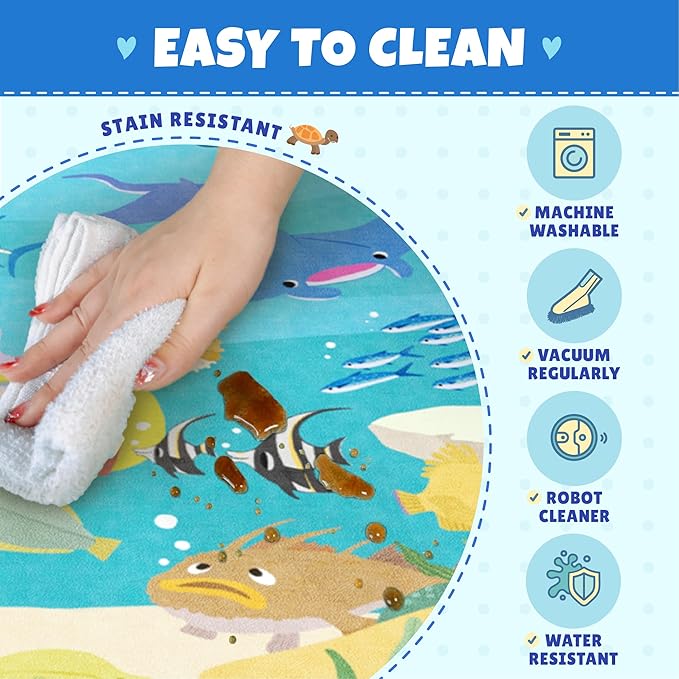 Blue Ocean Themed Rug for Kids Room – 5x8 Underwater Play Mat with Sea Creatures & Mermaid, Washable Non Slip Crawling Carpet for Bedroom or Playroom