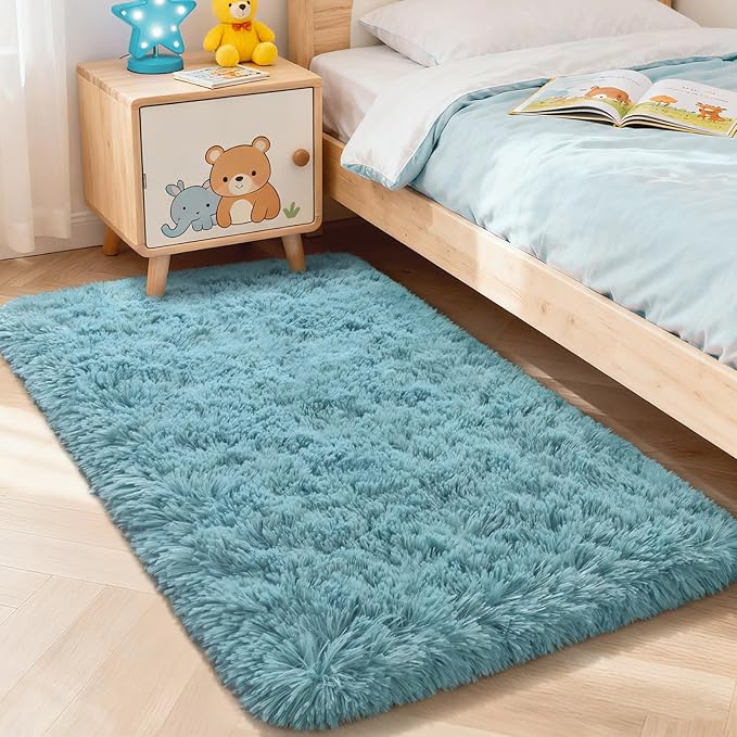 Merelax Soft Modern Indoor Large Shaggy Rug for Bedroom Livingroom Dorm Kids Room Home Decorative, Non-Slip Plush Fluffy Furry Fur Area Rugs Comfy Nursery Accent Floor Carpet 3x5 Feet, Turquoise Green