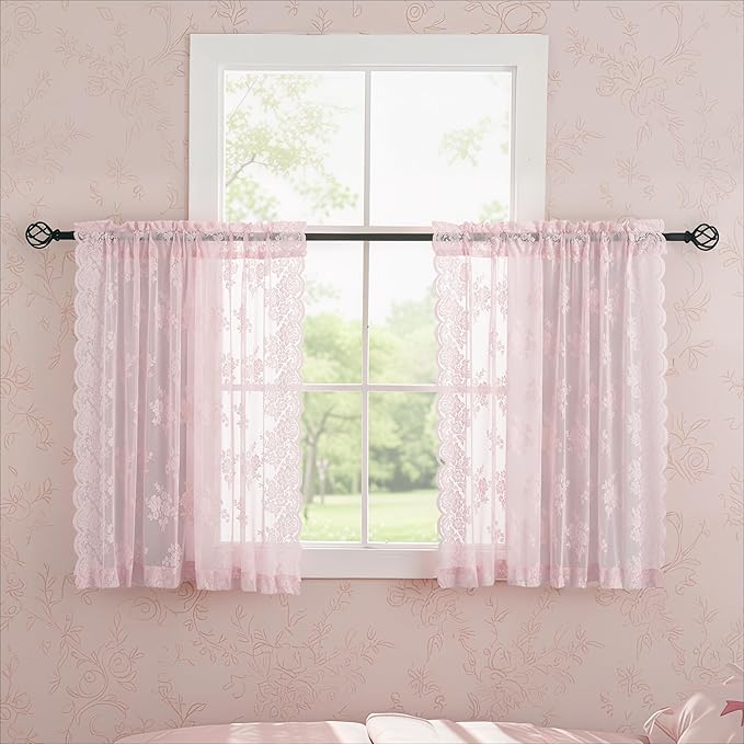 Pink Short Lace Curtains 36 Inch Length, 2 Panels, W42 x L36 Inch Each, Country Rustic Floral Short Sheer Curtains for Kitchen Window Over Sink, Rod Pocket Privacy Light Filtering Small Cafe Curtains