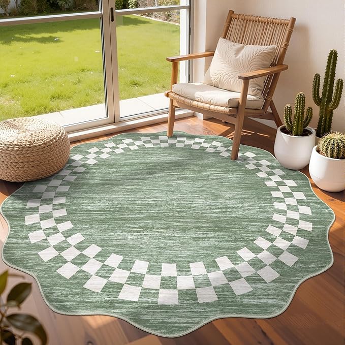 GarveeHome Scalloped Round Rug 4ft Modern Solid Color Circle Rugs Non Slip Low Pile Living Room Throw Carpat Washable Bedroom Scalloped Round Area Rug Stain Resistant Bordered Rug for Kitchen, Green